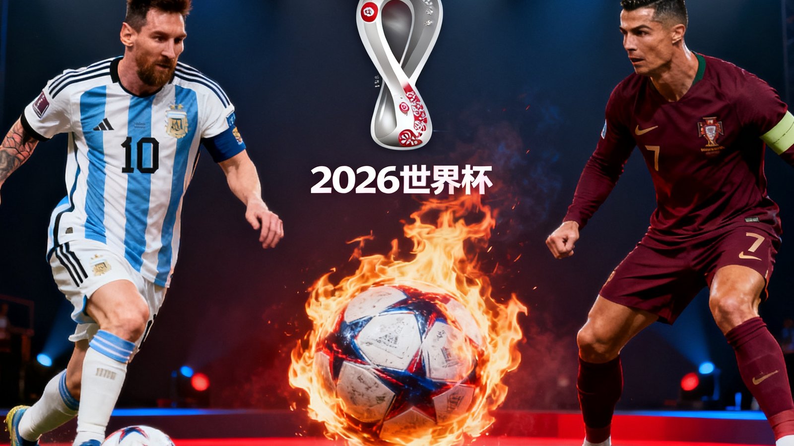阿根廷对阵葡萄牙的预热海报风格图片，左侧梅西身穿蓝白条纹球衣带球突破，右侧C罗身着深红战袍蓄势待发，中间是燃烧的足球和2026世界杯标志，背景为暗色聚光灯舞台。